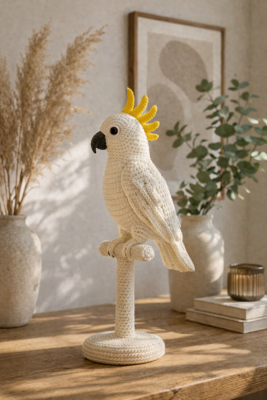 Crochet White Cockatoo Plush Toy with Stand – Handmade Amigurumi Exotic Bird